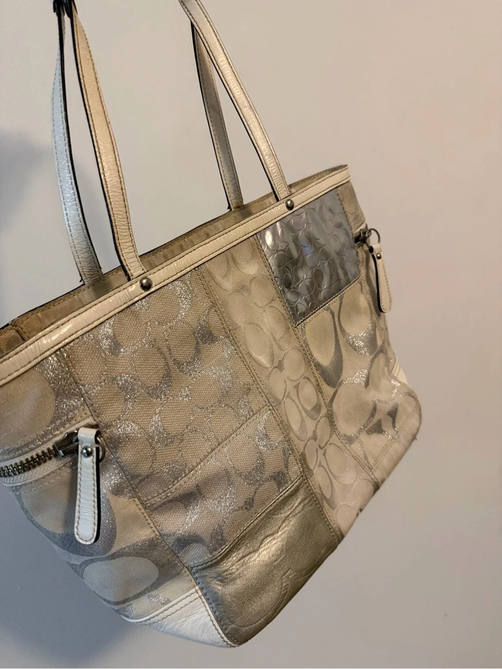 Coach Metallic Patchwork Tote - Silver & Cream